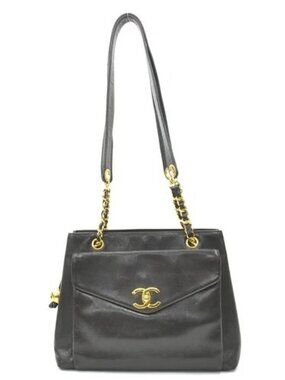 Auth CHANEL Shoulder Bag Black/Gold Leather/Metal - e61563g
